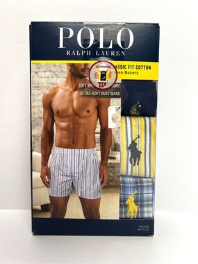Polo Ralph Lauren Men Sz XL Woven Boxers 3 Pack Classic Fit Cotton Plaid Stripe